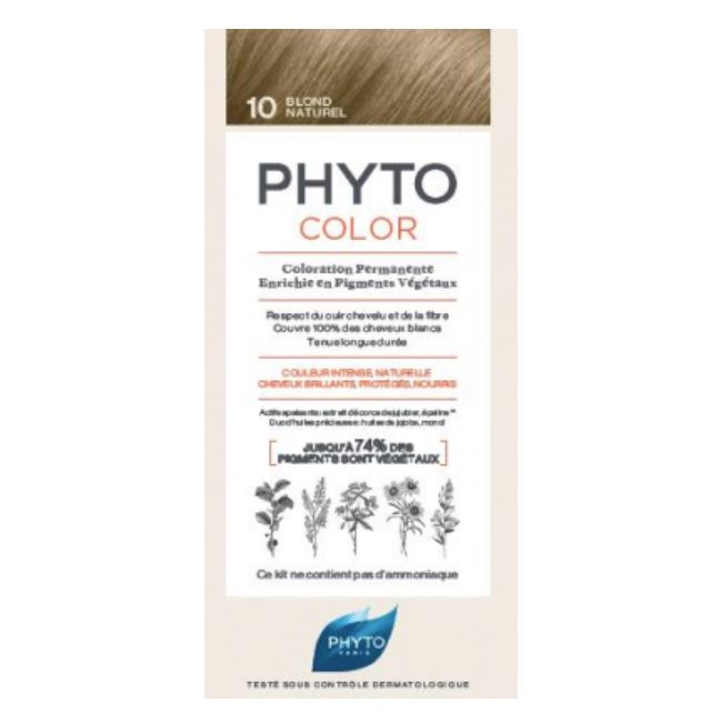 Phyto - Phytocolor Coloração Permanente 10 Louro Natural Embalagem de tinta para cabelo PHYTO COLOR cor 10 BLOND NATUREL com texto e imagens de plantas