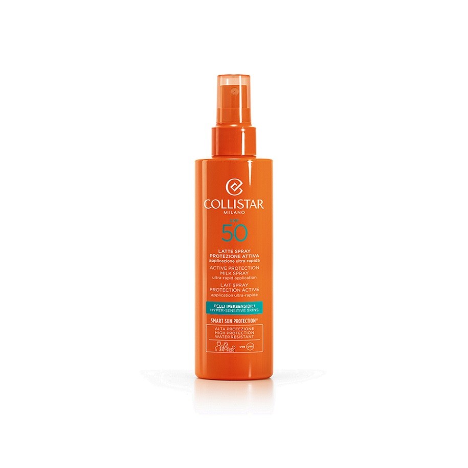 Collistar - Leite Spray Proteção Ativa SPF50 200ml Frasco spray laranja de proteção solar Collistar SPF 50 sobre fundo branco