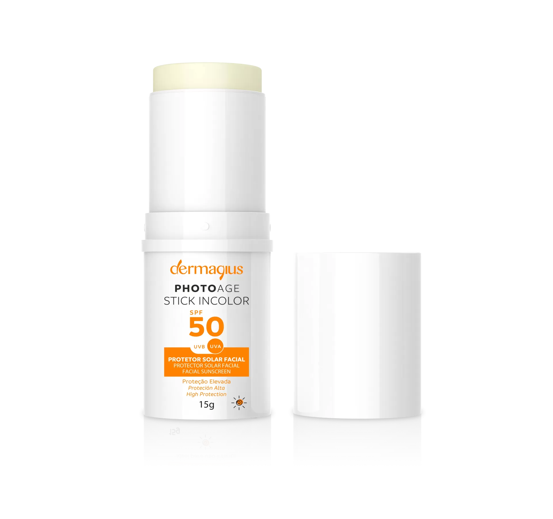 Dermagius - Photoage Stick Solar Incolor SPF50 15gr Stick protetor solar facial Dermagius com SPF 50 branco.