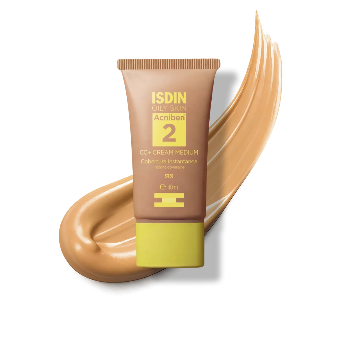 Isdin - Acniben CC + Cream Medium SPF30 40ml Tubo de creme ISDIN Acniben 2 CC+ Cream Medium com fundo de textura creme bege