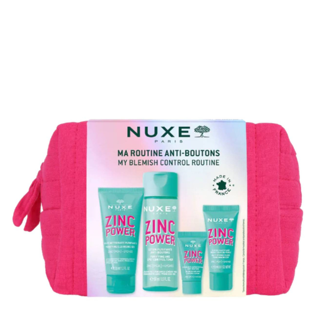 Nuxe - Zinc Power Coffret 4 Cuidados Anti-Imperfeições Conjunto NUXE Zinc Power com bolsa rosa e quatro produtos em verde