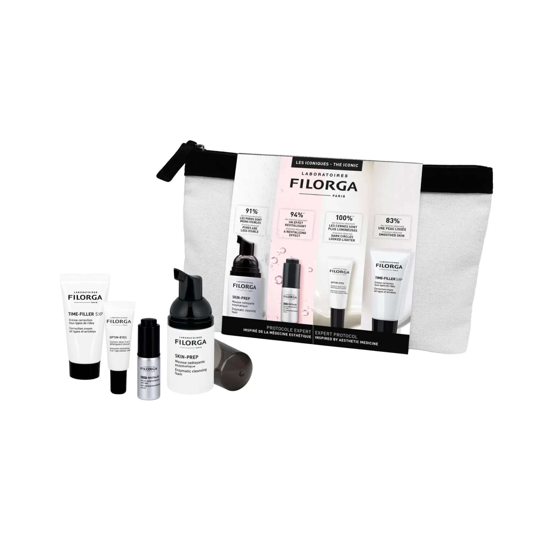 Filorga - Kit Discovery Essenciais de Viagem Conjunto de produtos cosméticos Filorga com bolsa branca e fecho preto