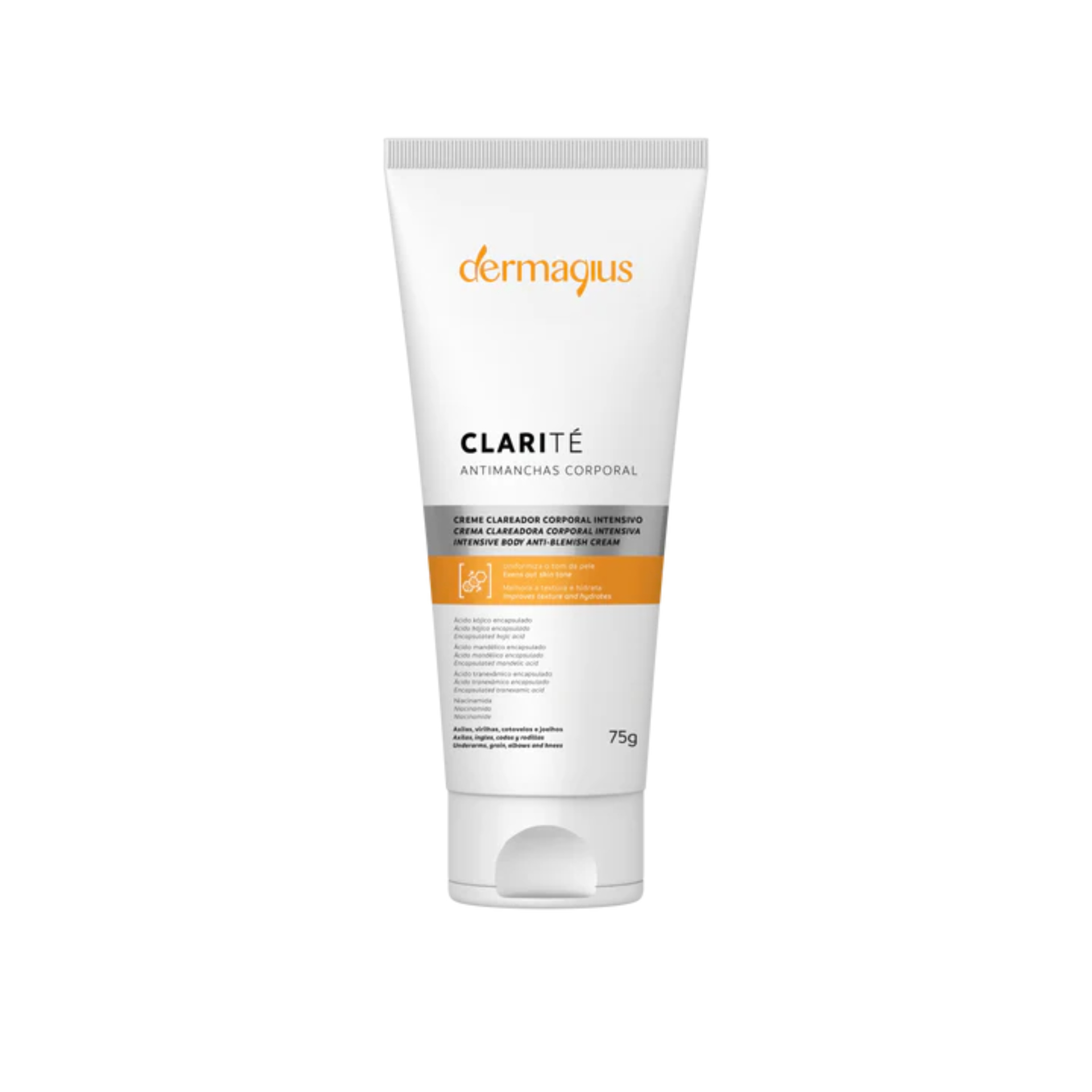 Dermagius - Clarité Creme Antimanchas Corporal 75gr Tubo branco de creme anti-manchas corporal Dermagus Clarité com texto em preto, laranja e cinza
