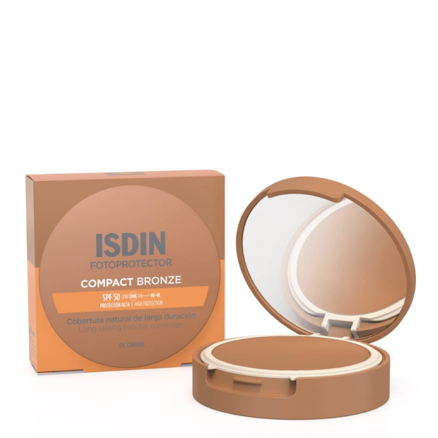 Isdin - Fotoprotector Compact Bronze SPF50 10g Compacto bronze ISDIN fotoprotetor com estojo e caixa laranja e castanha