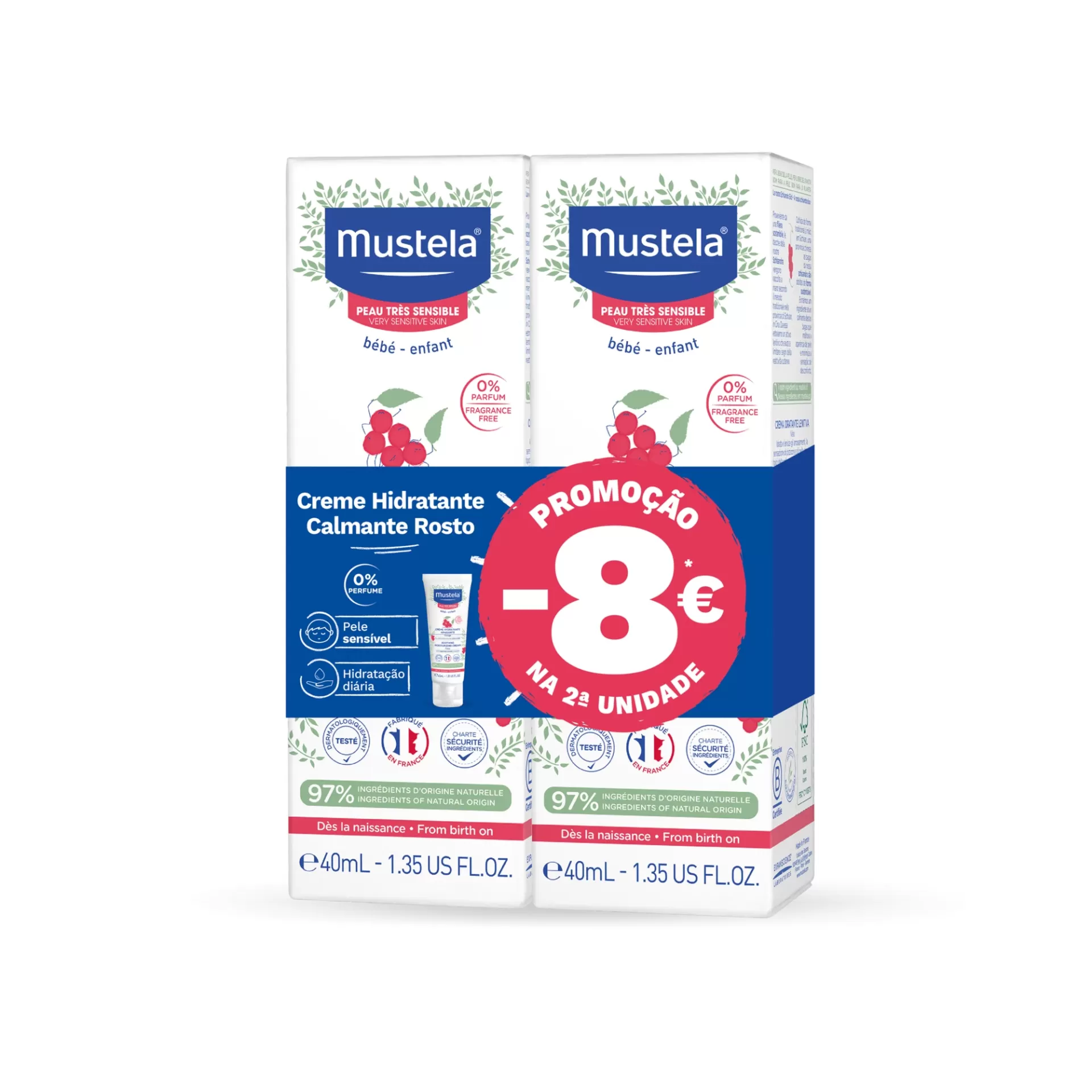 Mustela - Creme Hidratante Calmante Rosto 2x40ml Embalagem dupla de creme hidratante Mustela para bebés e crianças com promoção
