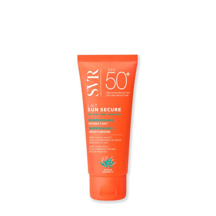 SVR - Sun Secure Leite SPF50+ 100ml Tubo laranja de protetor solar SVR SPF 50+ em fundo branco