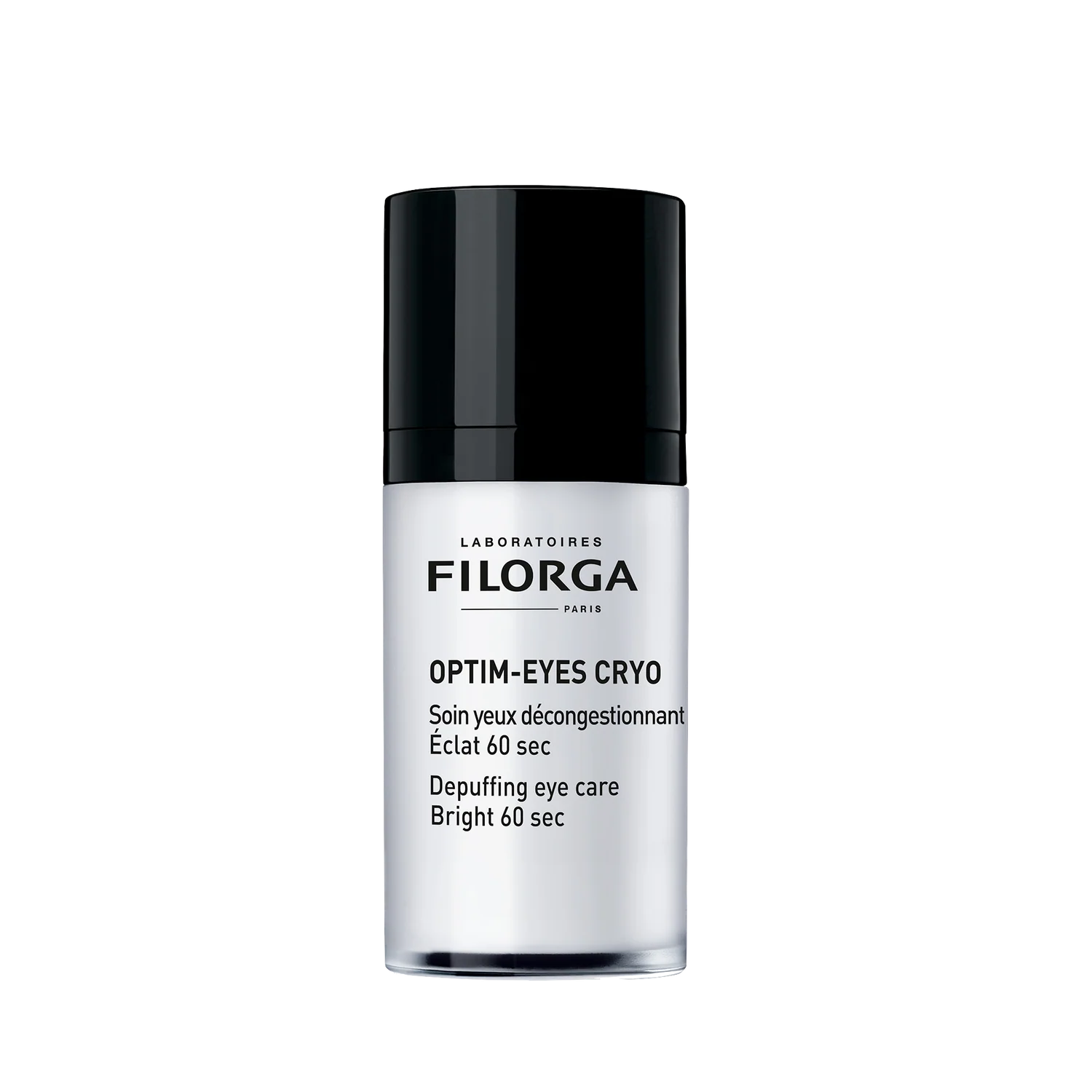Filorga - Optim-Eyes Cryo Contorno dos Olhos 15ml Frasco cosmético branco e preto com texto LABORATOIRES FILORGA PARIS OPTIM-EYES CRYO