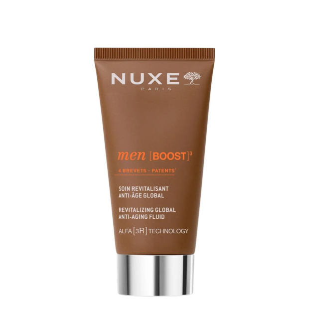 Nuxe - Men Boost Cuidado Antienvelhecimento 50ml Frasco castanho de fluido anti-idade para homens da NUXE com tampa prateada.