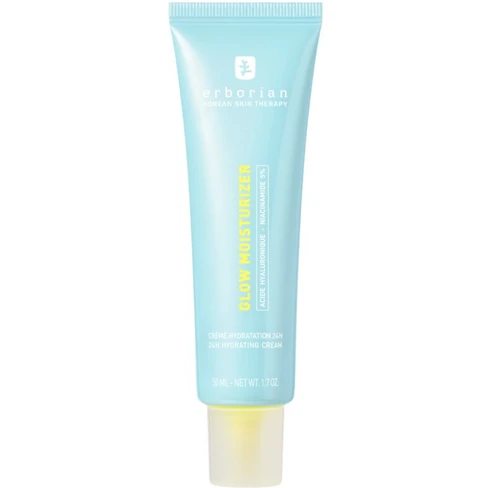 Erborian - Glow Moisturizer Creme Hidratação 24H 50ml Tubo de creme hidratante azul claro com tampa amarela e texto branco e amarelo