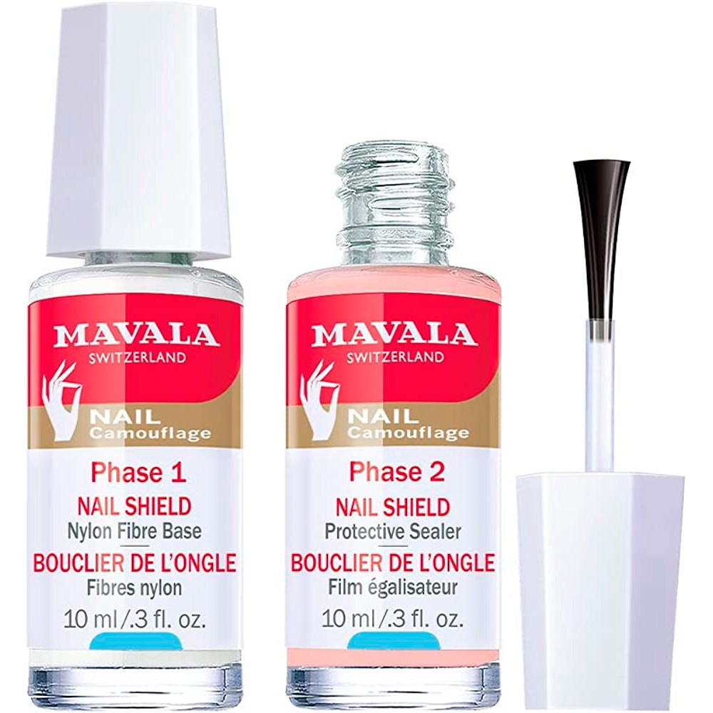 Mavala - Reforço de Unhas Fracas e Frágeis 2x10ml Frascos de verniz para unhas MAVALA SWITZERLAND com rótulos vermelhos e brancos e tampa branca, um aberto com pincel exposto
