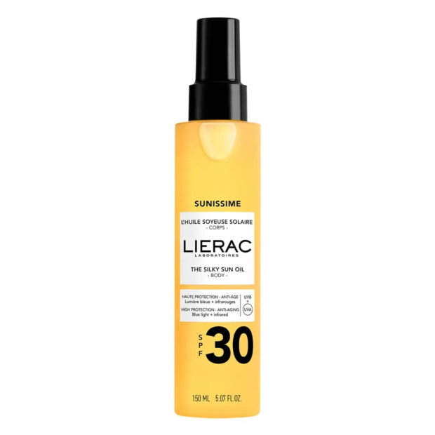 Lierac - Sunissime Óleo Solar Sedoso Corpo SPF30 150ml Frasco amarelo e preto de óleo solar com texto LIERAC Sunissime