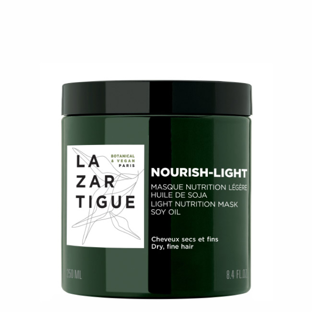 Lazartigue - Máscara Nutrição Ligeira Leite de Soja 250ml Recipiente verde escuro com tampa preta para máscara capilar Lazartigue Nourish-Light