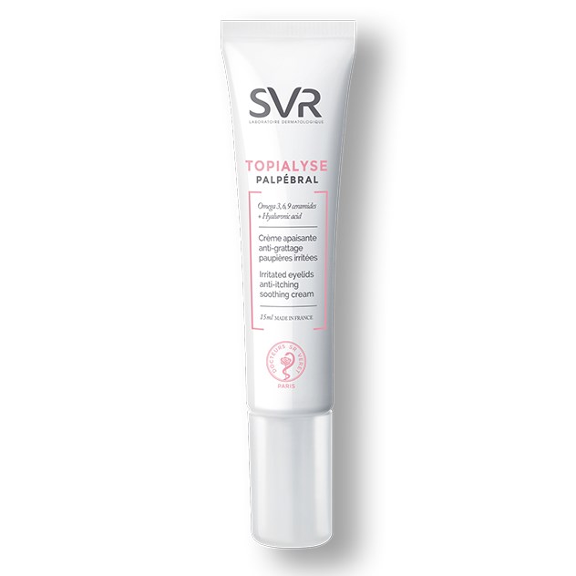 SVR - Topialyse Palpebral 15ml Tubo branco de creme SVR Topialyse Palpebral com tampa branca e texto em rosa e preto