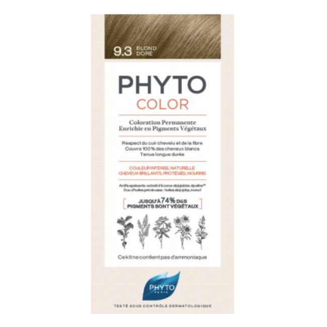 Phyto - Phytocolor Coloração Permanente 9.3 Louro Dourado Embalagem de tinta para cabelo PHYTCO COLOR cor 9.3 BLOND DORÉ com texto em francês e gráfico de plantas
