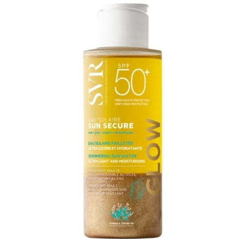 SVR - Sun Secure Água Solar Glow Protetor SPF50+ 100ml Frasco de proteção solar SVR SPF 50+ amarelo com partículas brilhantes e tampa branca
