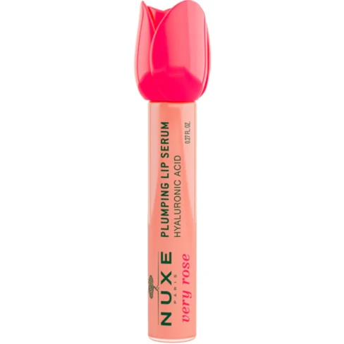 Nuxe - Very Rose Sérum Repulpante Labial com Ácido Hialurónico 8ml Sérum labial NUXE Plumping Lip Serum cor rosa com tampa vermelha em forma de pétala