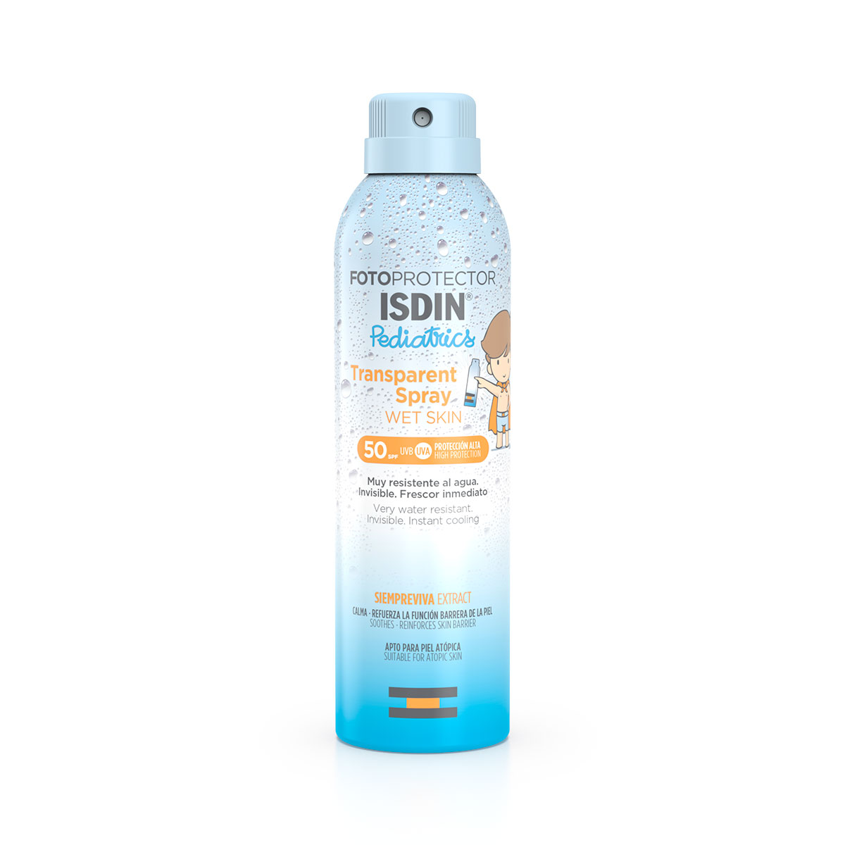 ISDIN - Fotoprotector Pediatrics Transparent Wet Skin SPF50+ 250ml Spray fotoprotetor ISDIN Pediatrics em embalagem azul e branca com gotas de água