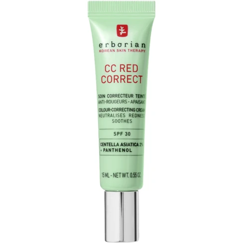 Erborian - CC Red Correct Creme Corretor de Cor SPF30 15ml Tubo verde de creme Erborian CC Red Correct com tampa prateada
