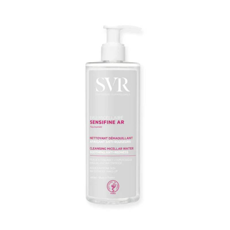 SVR - Sensifine AR Água Micelar 400ml Frasco de água micelar SVR SENSIFINE AR com dispensador branco.