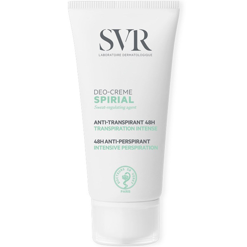 SVR - Spirial Creme Antitranspirante 50ml Frasco branco de creme desodorizante SVR DEO-CREME SPIRIAL com texto em cinza e verde