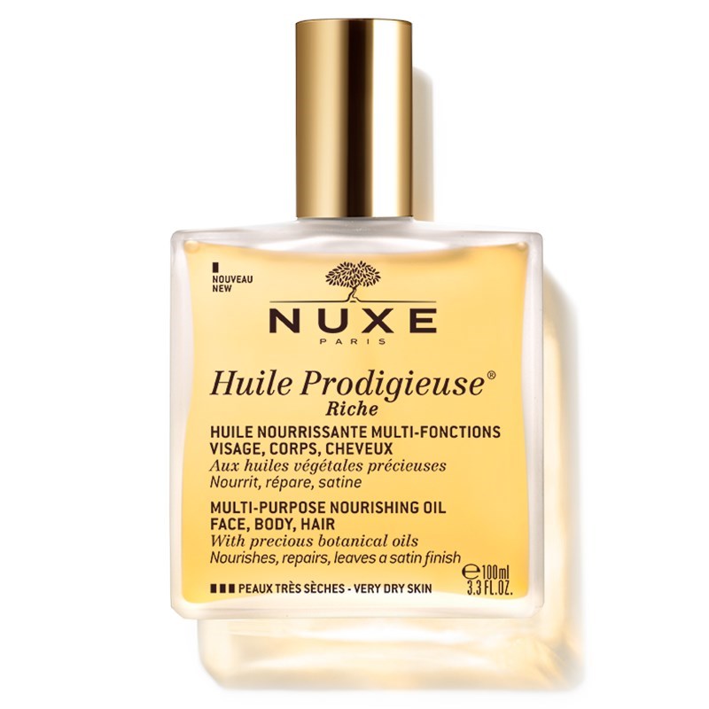 Nuxe - Huile Prodigieuse Riche 100ml Frasco quadrado de óleo nutritivo NUXE com tampa dourada.