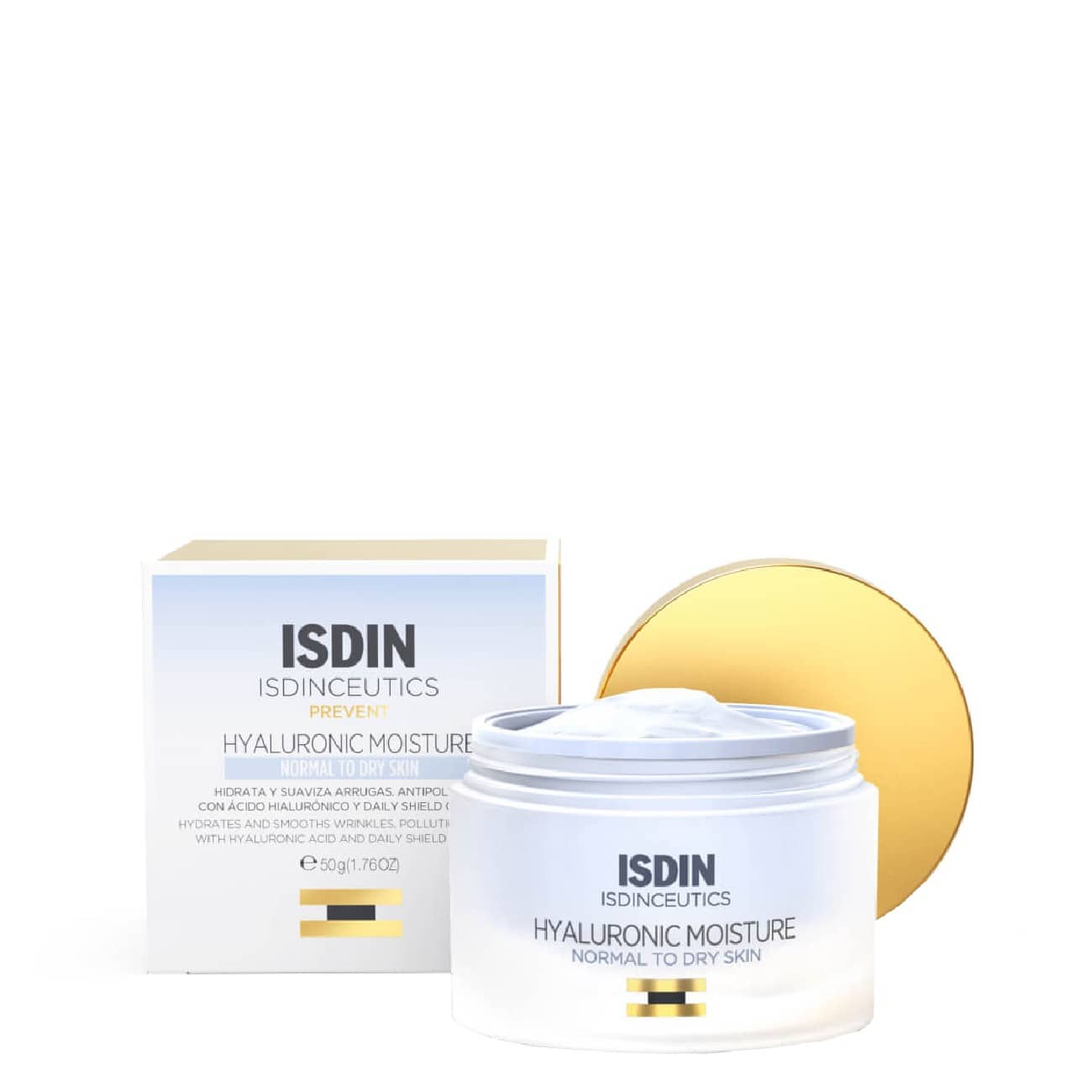 Isdinceutics - Hyaluronic Moisture Creme Hidratante 50g Creme hidratante ISDIN Hyaluronic Moisture com tampa dourada e caixa branca