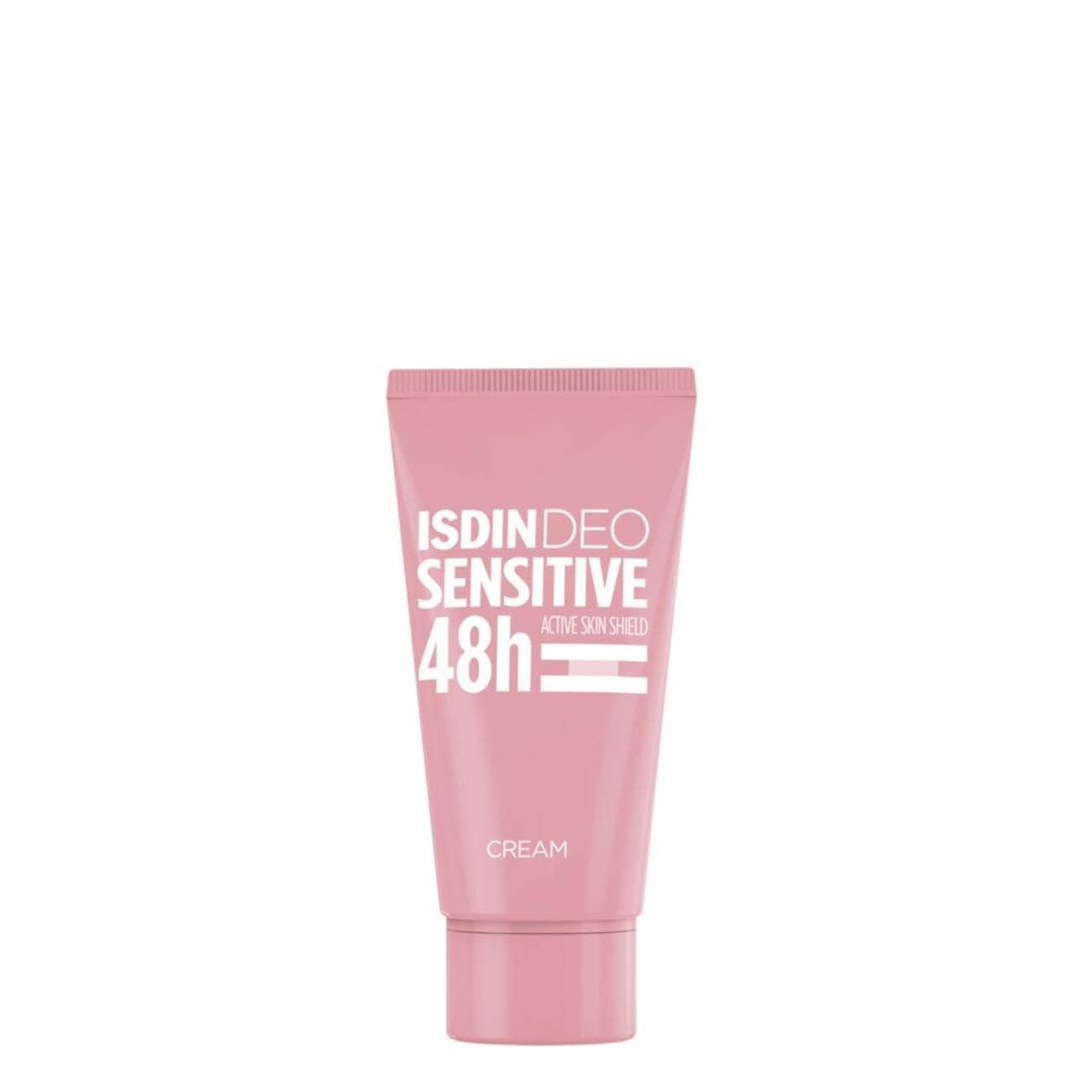 Isdin - Deo Sensitive Creme 48H 50ml Frasco de creme cor-de-rosa com texto ISDIN DEO SENSITIVE 48h ACTIVE SKIN SHIELD CREAM