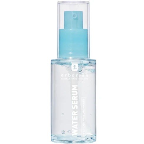 Erborian - Water Serum Hidratação Intensa 30ml Frasco transparente de sérum com tampa azul e texto branco