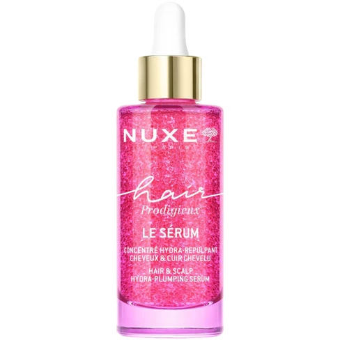 Nuxe - Hair Prodigieux Le Sérum Hidratante para Cabelo e Couro Cabeludo 50ml Frasco de sérum capilar rosa NUXE com conta-gotas dourado e texto branco