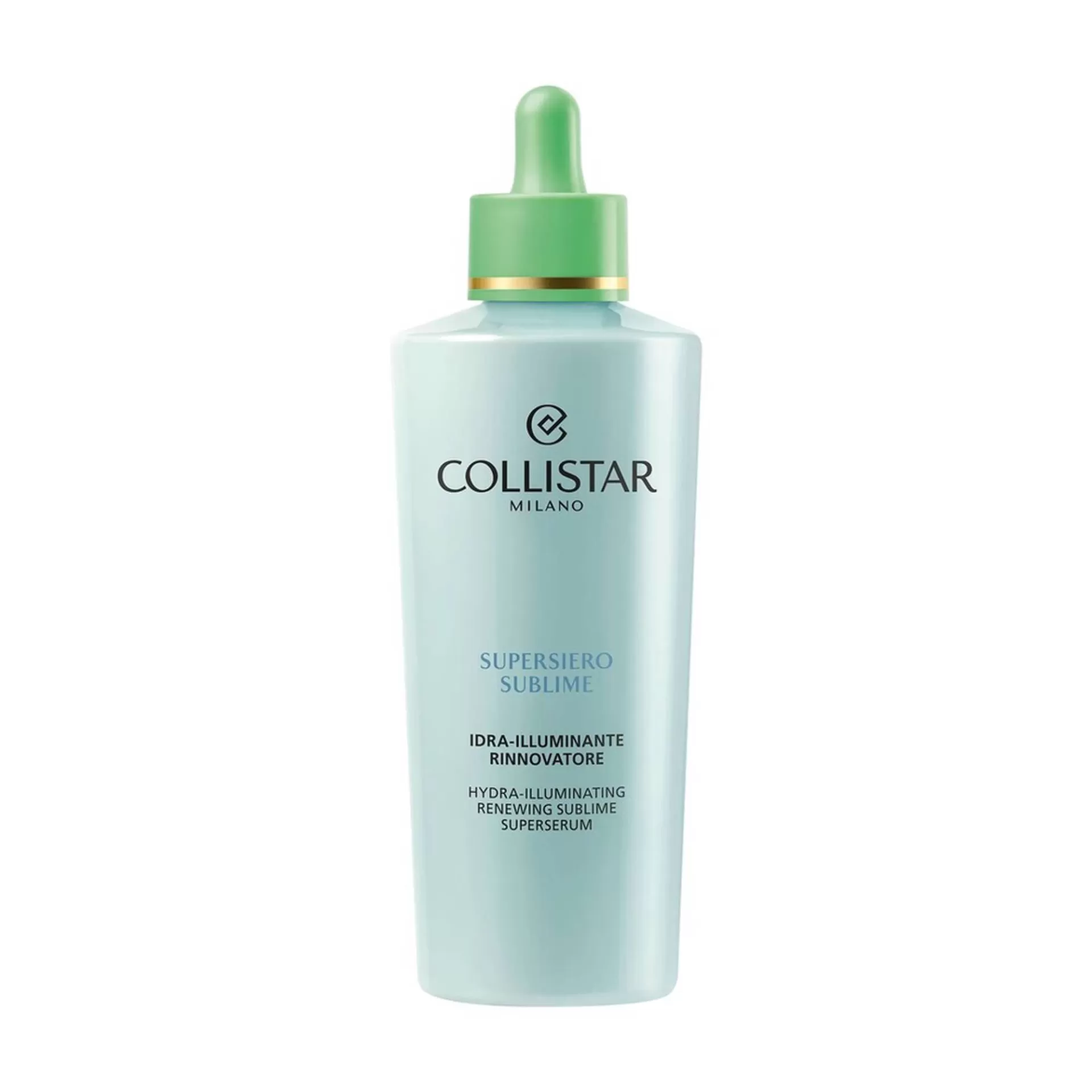 Collistar - Supersérum Sublime Hidratante-Iluminador Renovador 200ml Frasco azul claro com conta-gotas verde e texto Collistar Milano