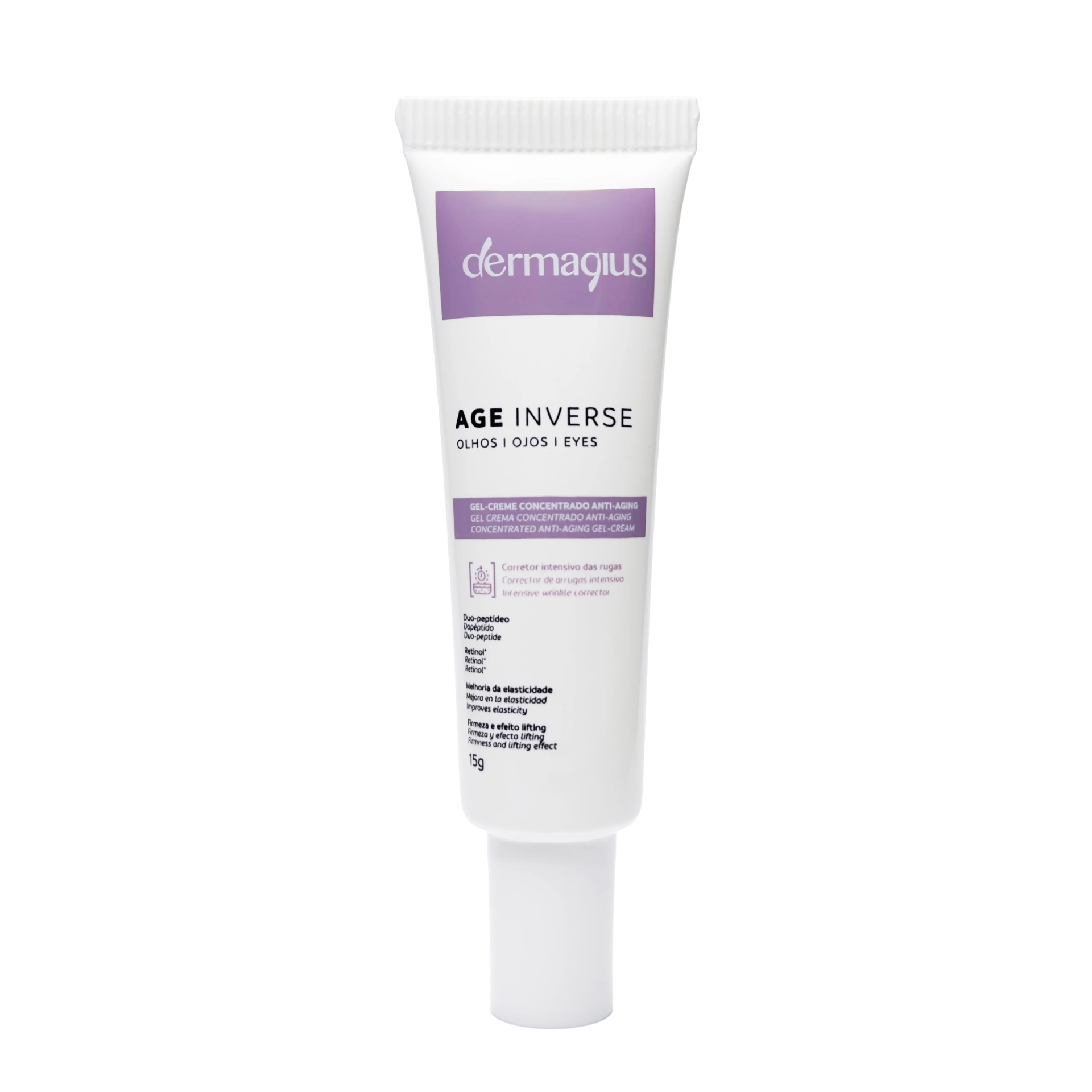 Dermagius - Age Inverse Gel-Creme Olhos 15g Frasco branco de creme para olhos dermaglus AGE INVERSE 15g com rótulo lilás