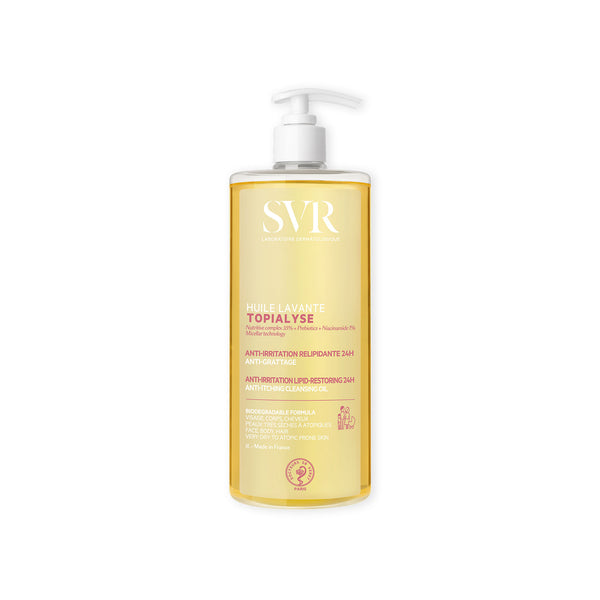 SVR - Topialyse Óleo Lavante Micelar 1000ml Frasco amarelo translúcido de óleo de lavagem SVR Topialyse com tampa branca