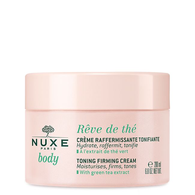 Nuxe - Body Rêve de Thé Creme Refirmante Tonificante 200ml Creme tonificante reafirmante Nuxe Paris body em frasco rosa pálido com texto verde e preto.