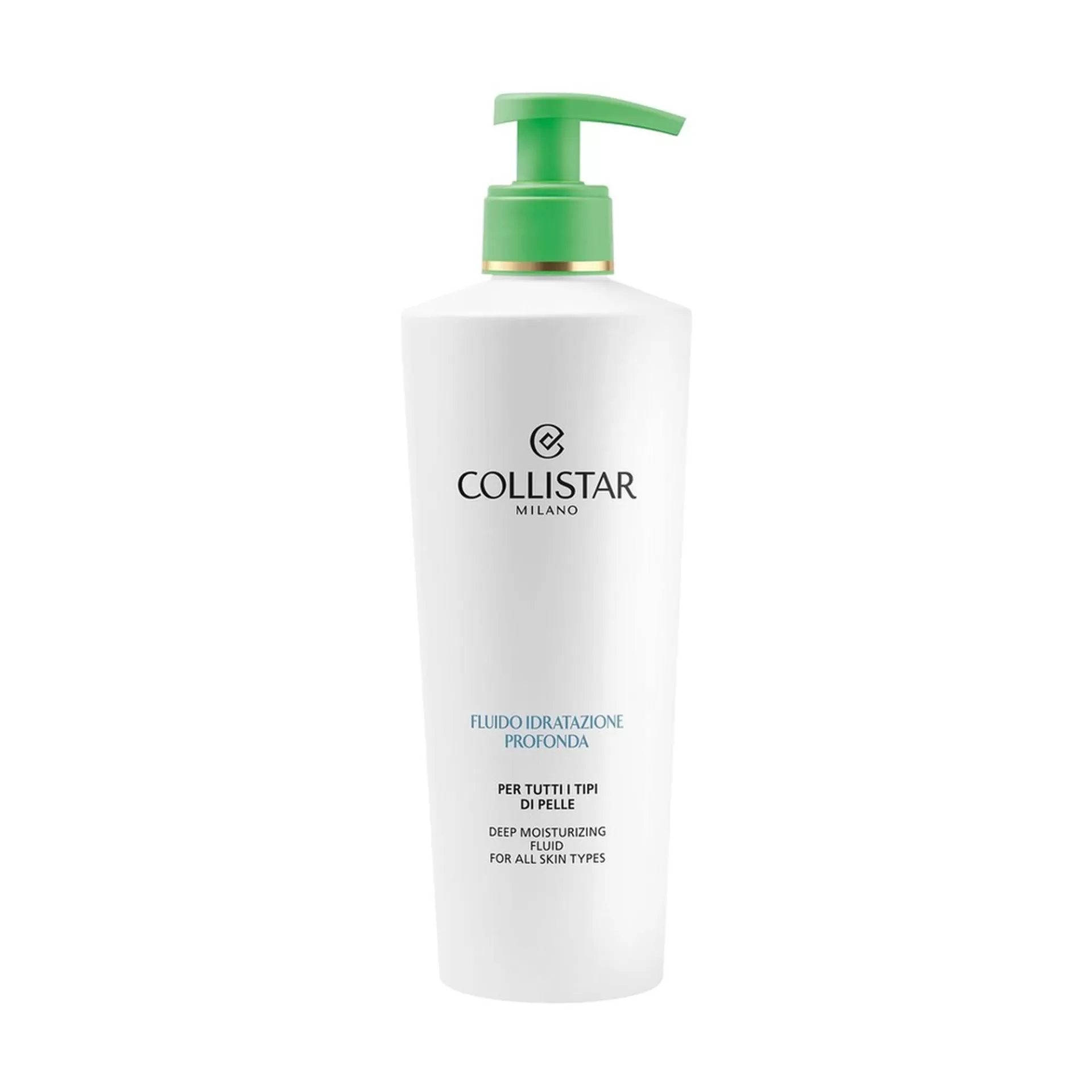 Collistar - Fluido de Hidratação Profunda Corporal 400ml Frasco branco com pump verde e texto Collistar Milano em fundo branco