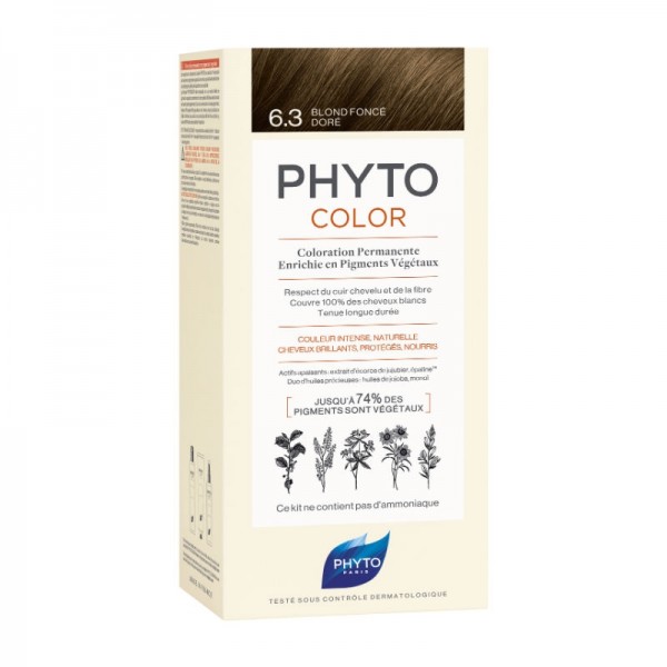 Embalagem de coloração capilar PHYTO COLOR 6.3 Blond Foncé Doré creme com texto e ilustração de plantas