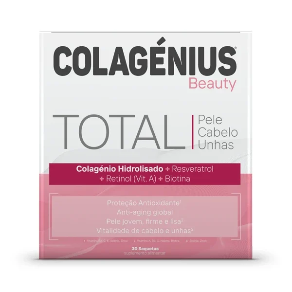 Colagénius - Beauty Suplemento Pó Oral em Saquetas 30x11.5gr Embalagem de suplemento Colagénius Beauty TOTAL para pele, cabelo e unhas
