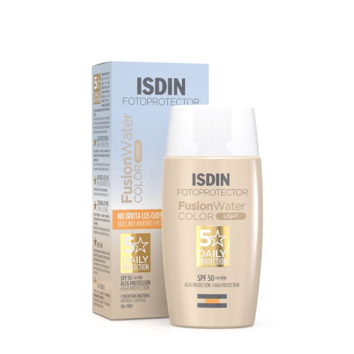 Isdin - Fotoprotector Fusion Water Color Light SPF50 50ml Fotoprotetor ISDIN Fusion Water Color Light em frasco creme e embalagem cinza