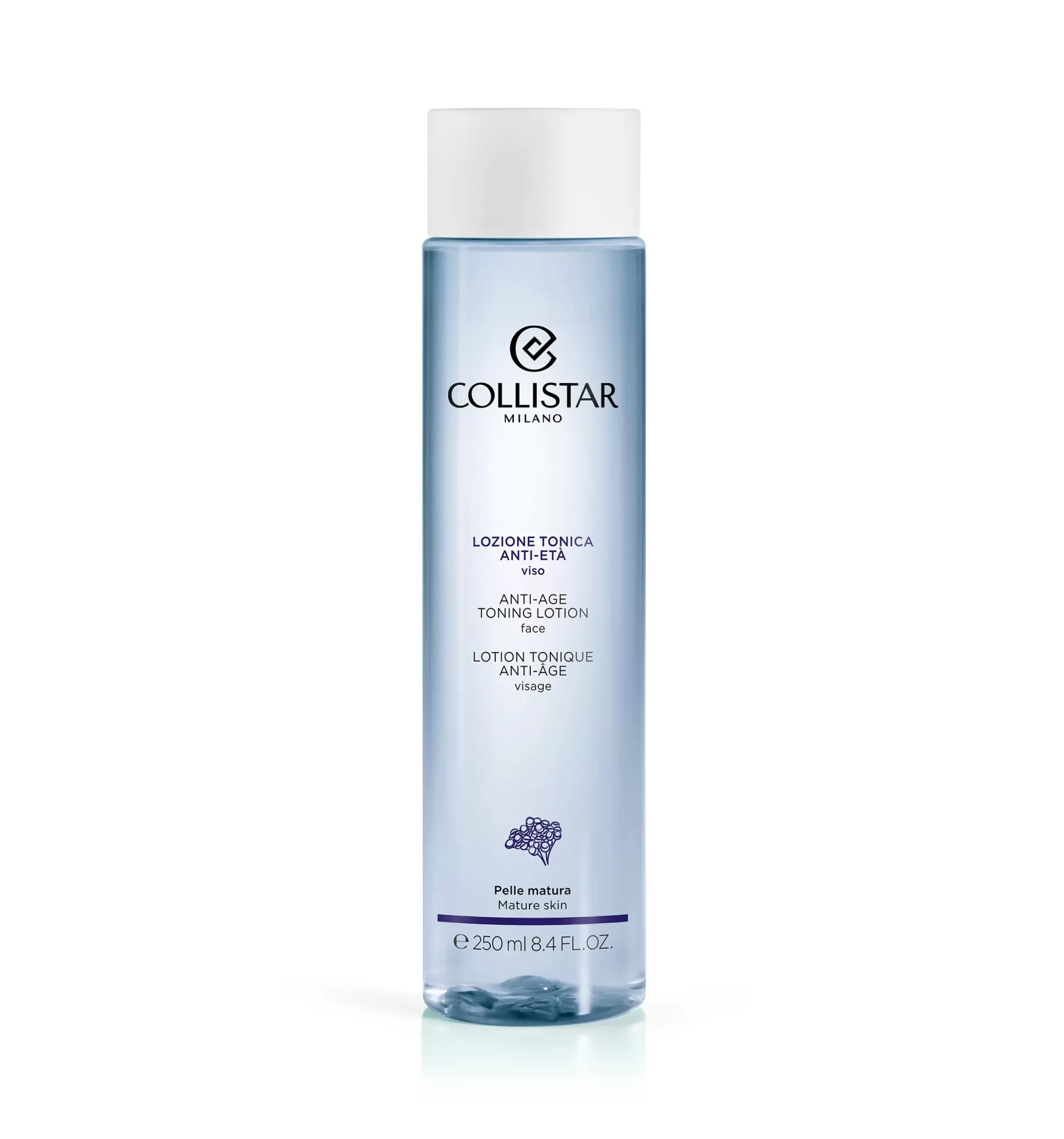 Collistar - Loção Tónica Anti-Idade 250ml Frasco transparente com líquido azul claro e tampa branca, Colónia Collistar Milano Loção Tónica Anti-Idade