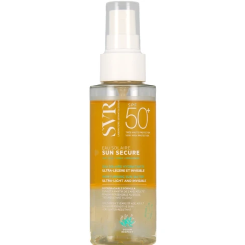 SVR - Sun Secure Água Solar SPF50+ 100ml Frasco de protetor solar SVR SPF 50+ em spray com líquido amarelo