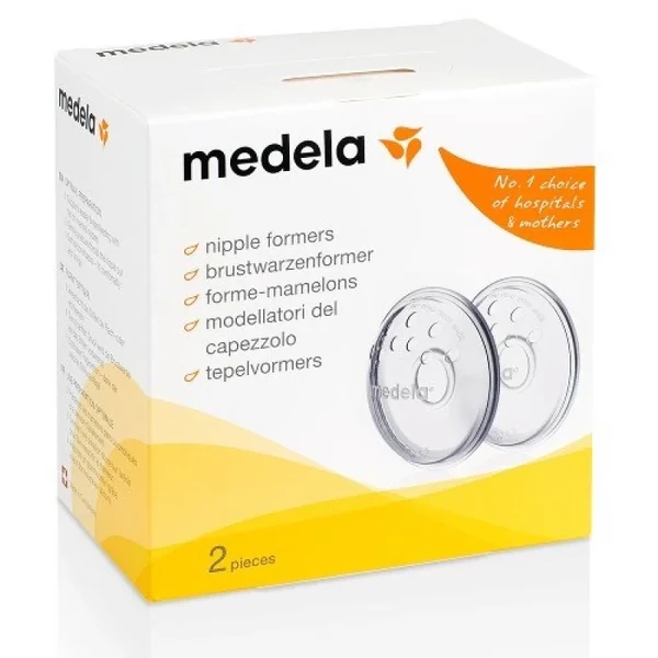 Medela - Formador de Mamilo 2und Caixa branca e amarela Medela com moldes de silicone transparentes para mamilos e texto multilingue