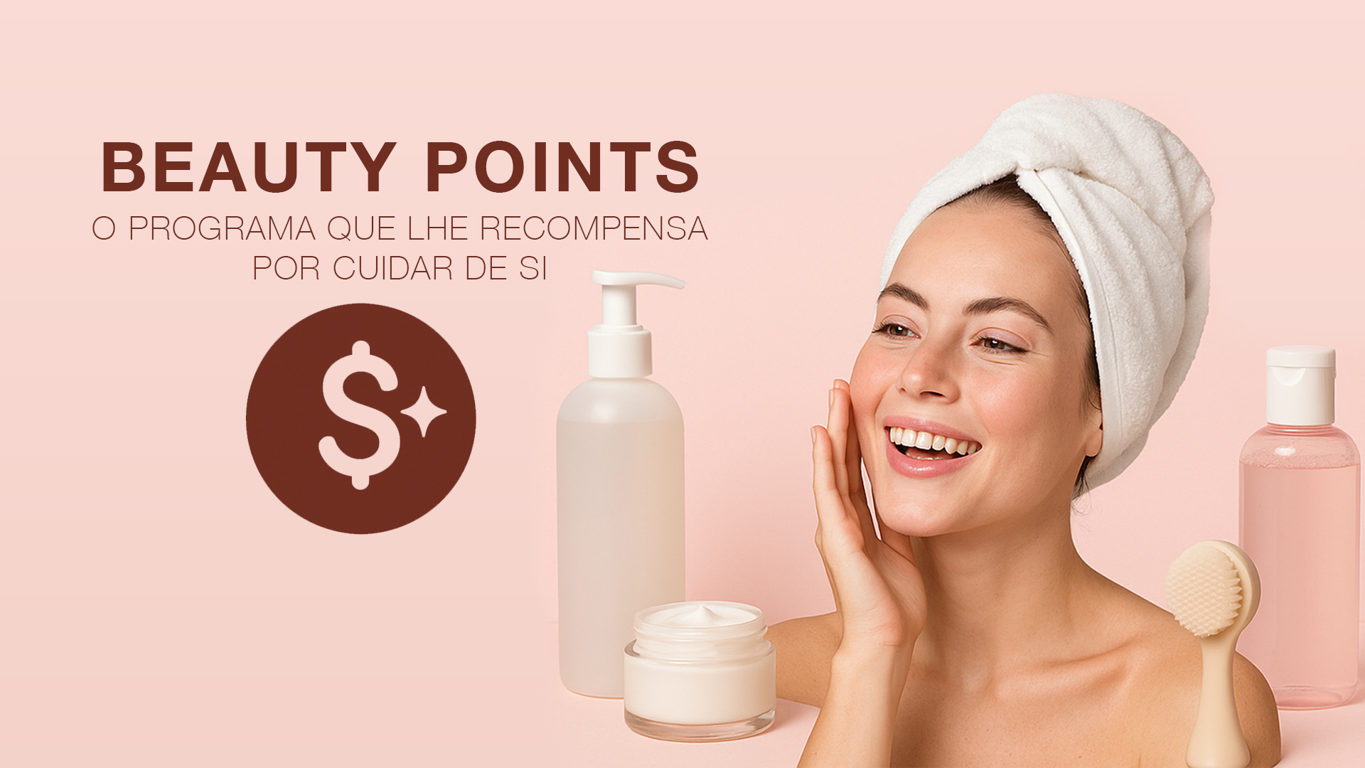 Mulher a cuidar da pele com produtos e texto sobre programa Beauty Points