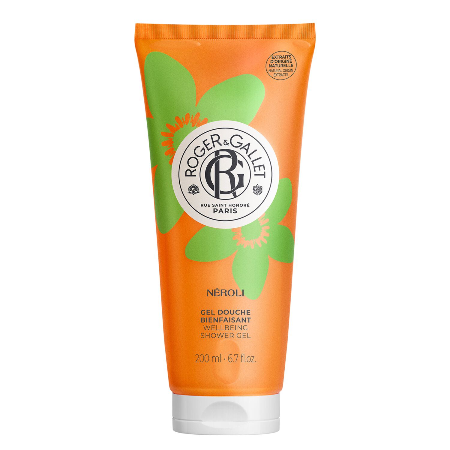 Roger&Gallet - Néroli Gel de Duche Perfumado 200ml Gel de duche Roger & Gallet em tubo laranja com flores verdes e texto