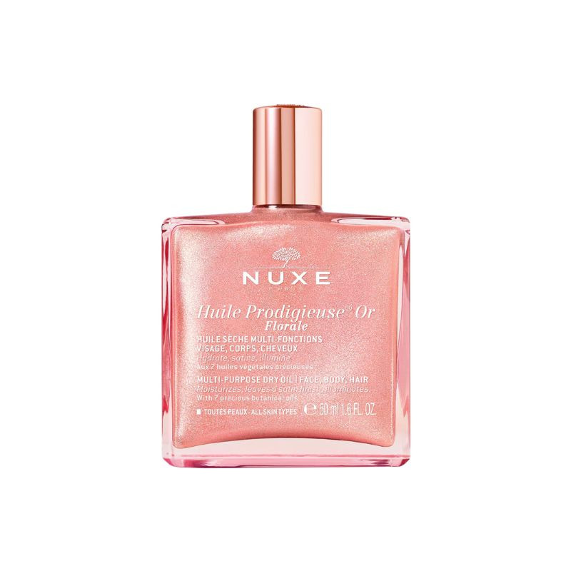 Nuxe - Huile Prodigieuse Floral Or 50ml Frasco rosa de óleo corporal Nuxe com tampa dourada e texto branco.