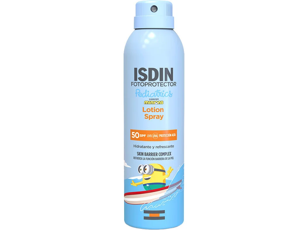 Isdin - Fotoprotector Loção Spray Pediatrics SPF50+ 250ml Frasco spray azul claro de proteção solar ISDIN pediatrics com personagem Minion.