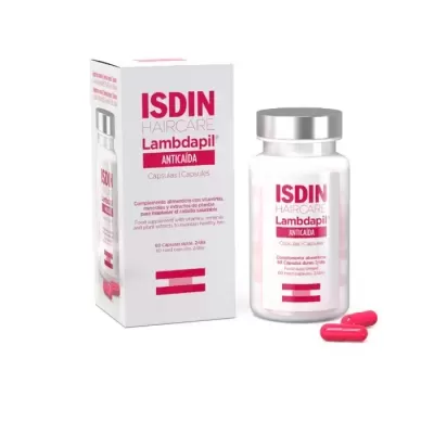 Caixa e frasco de cápsulas ISDIN Lambdapil antiqueda com duas cápsulas vermelhas