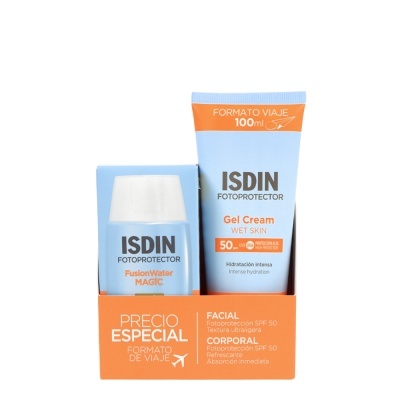Dois produtos de proteção solar ISDIN em embalagem azul clara e suporte laranja com texto.