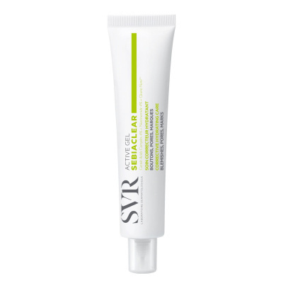Bisnaga branca de gel Sebiaclear da SVR com texto verde e cinza