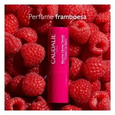Bálsamo labial rosa Caudalie entre framboesas vermelhas frescas
