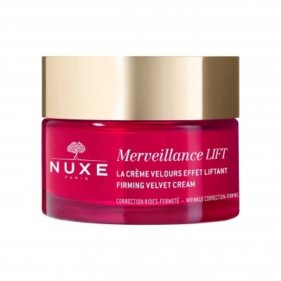 Frasco vermelho de creme facial NUXE Merveillance LIFT com tampa dourada