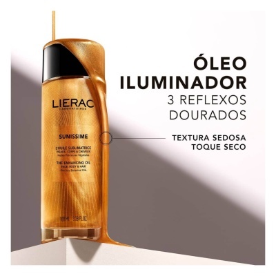 Frasco dourado de óleo iluminador LIERAC Sunissime com tampa preta e texto ao lado em português